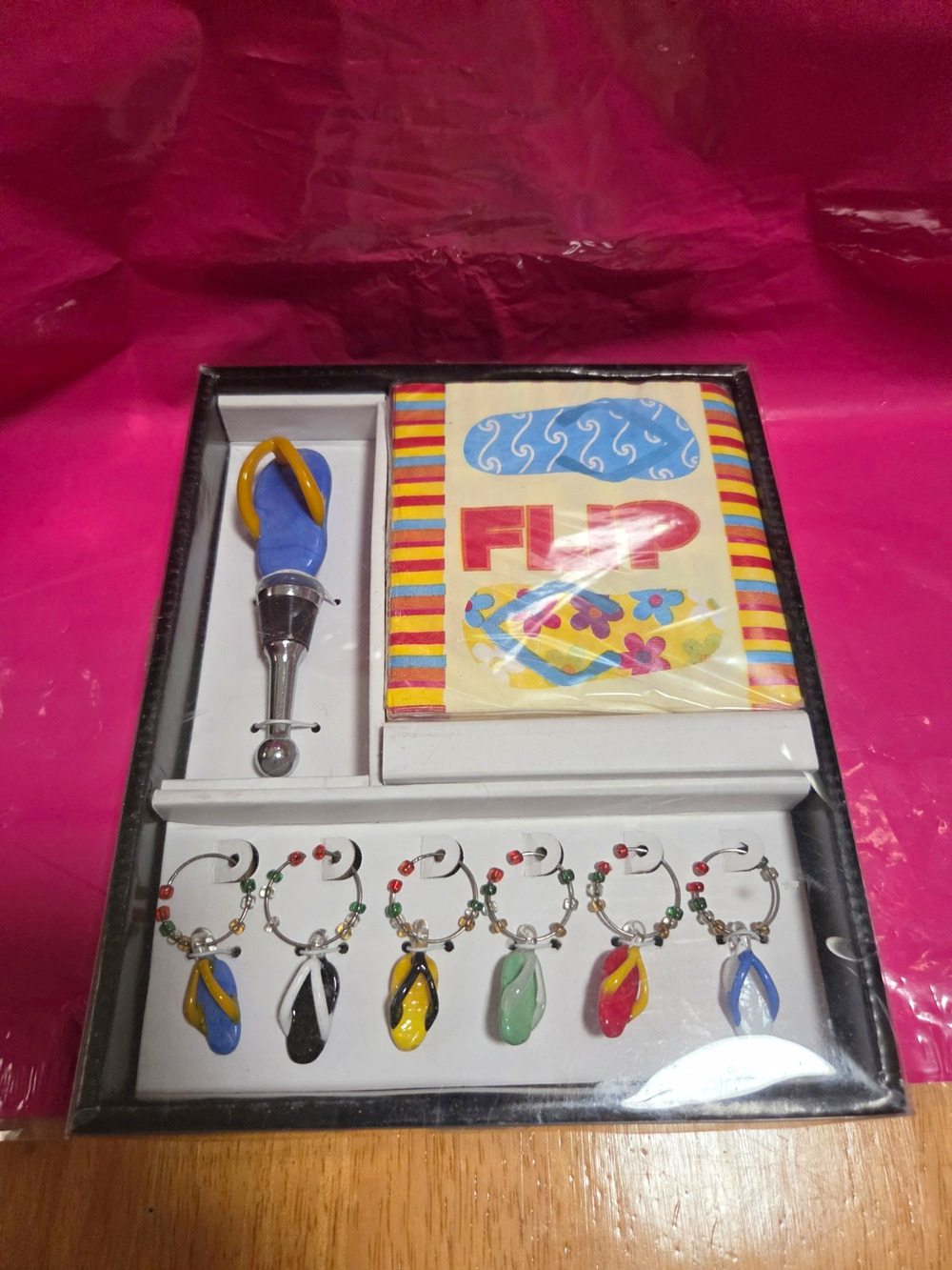 Flip Flop Metal Reusable Wine Glass Charms Set of 6 w/ Bottle Stopper FLIP